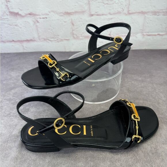 Gucci NIB Horsebit Black Patent Sandals Flats 38.5 - Picture 2 of 12